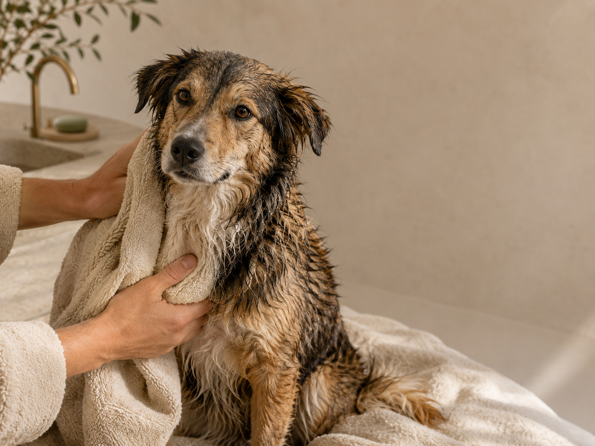 Dog wrapped in a towel receiving gentle post-bath care
