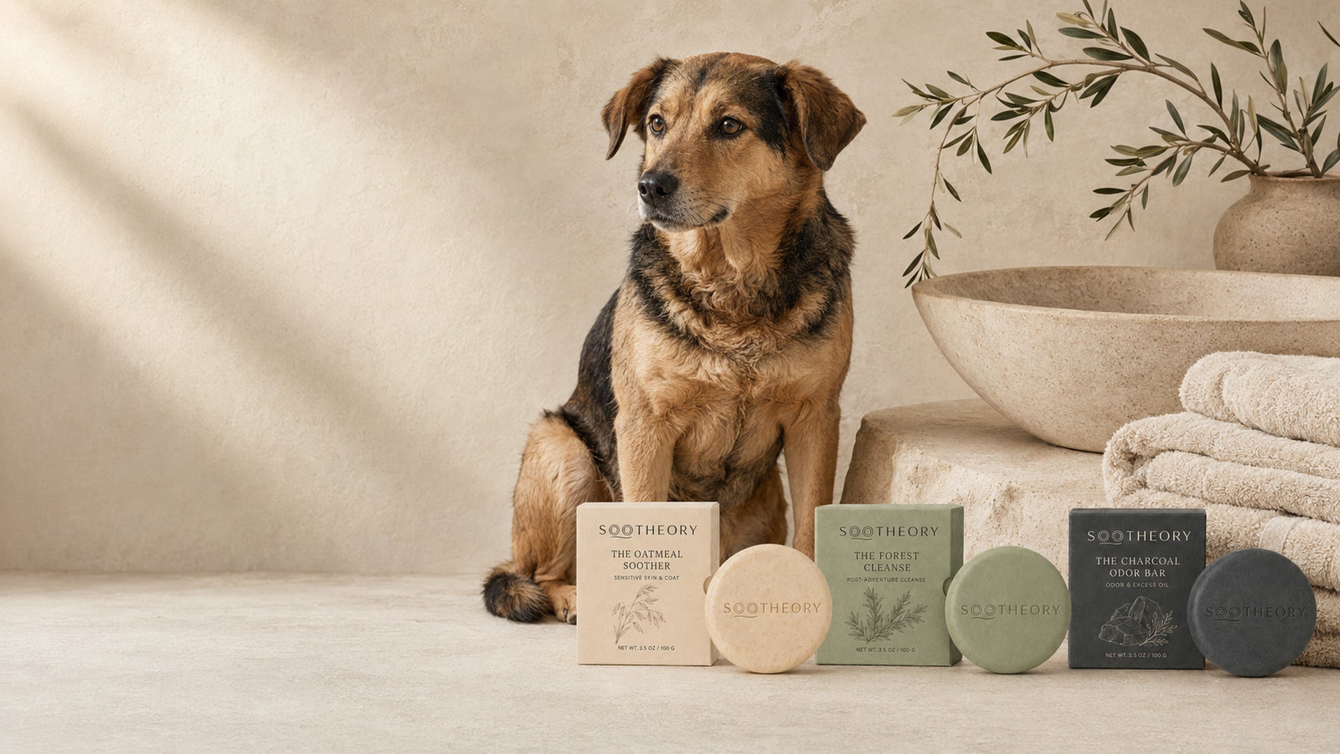Dog beside three SOOTHEORY shampoo bars and matching paper packaging