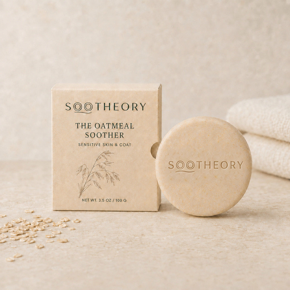 SOOTHEORY Oatmeal Soother dog shampoo bar with oatmeal beige paper box