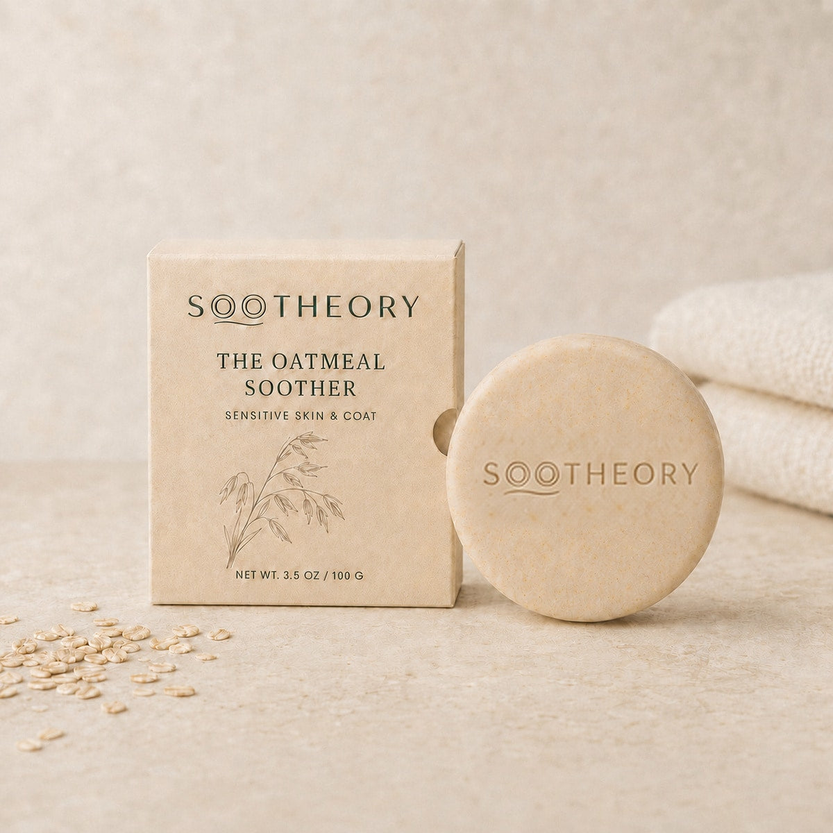 SOOTHEORY The Oatmeal Soother dog shampoo bar with oatmeal beige drawer box