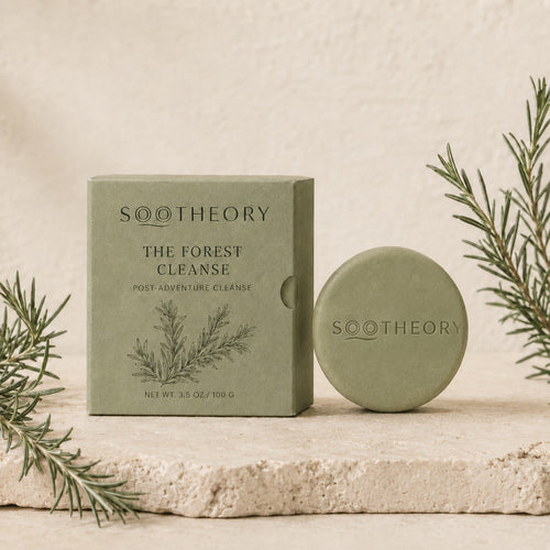 SOOTHEORY The Forest Cleanse dog shampoo bar with sage green drawer box