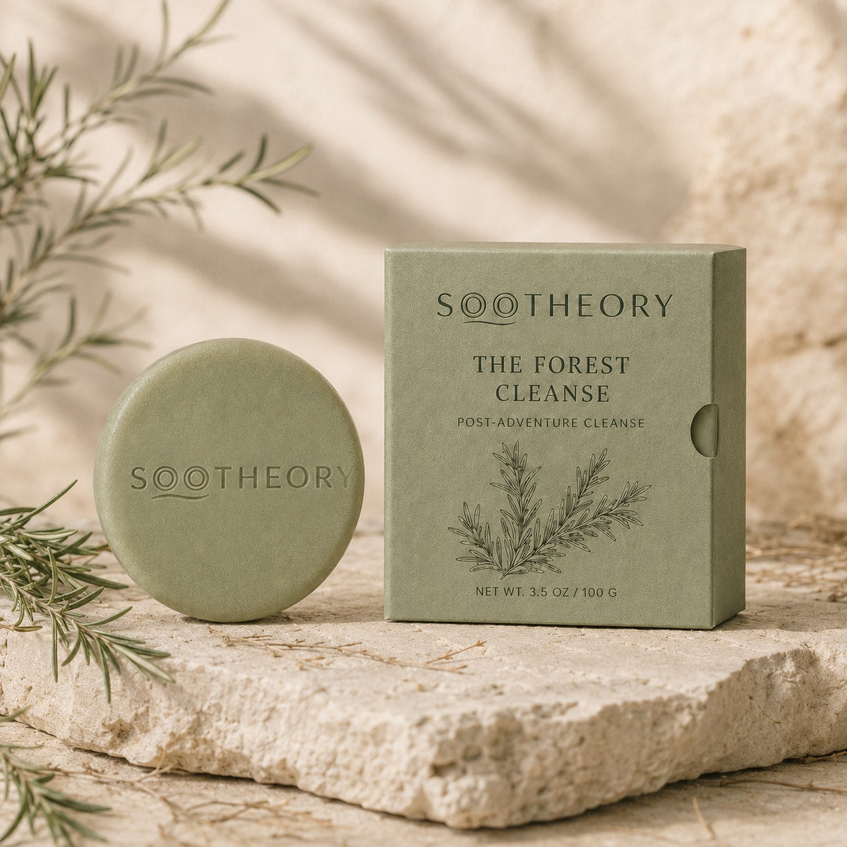The Forest Cleanse shampoo bar in a botanical post-adventure setting