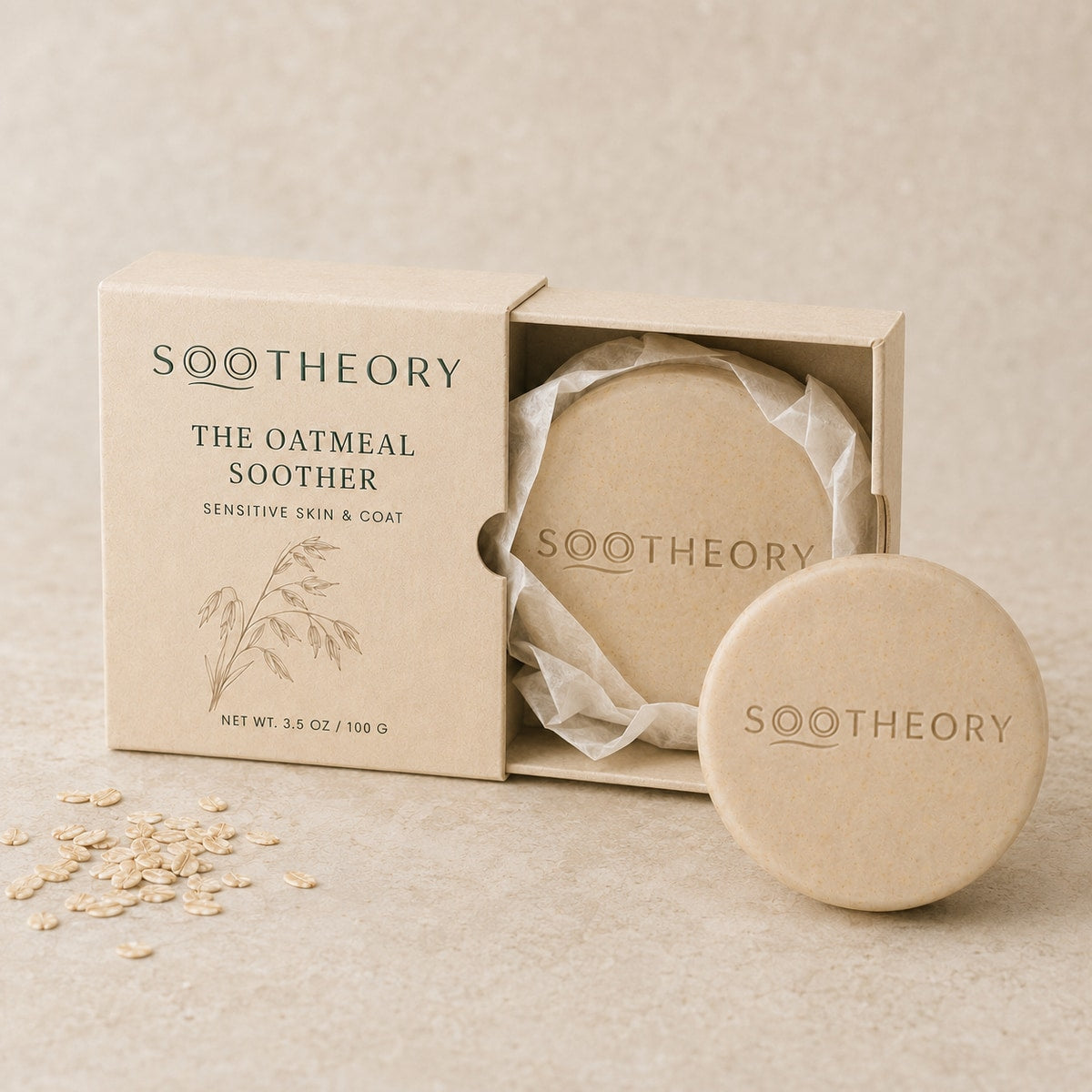 The Oatmeal Soother in a right-opening paper drawer box and soap wrap