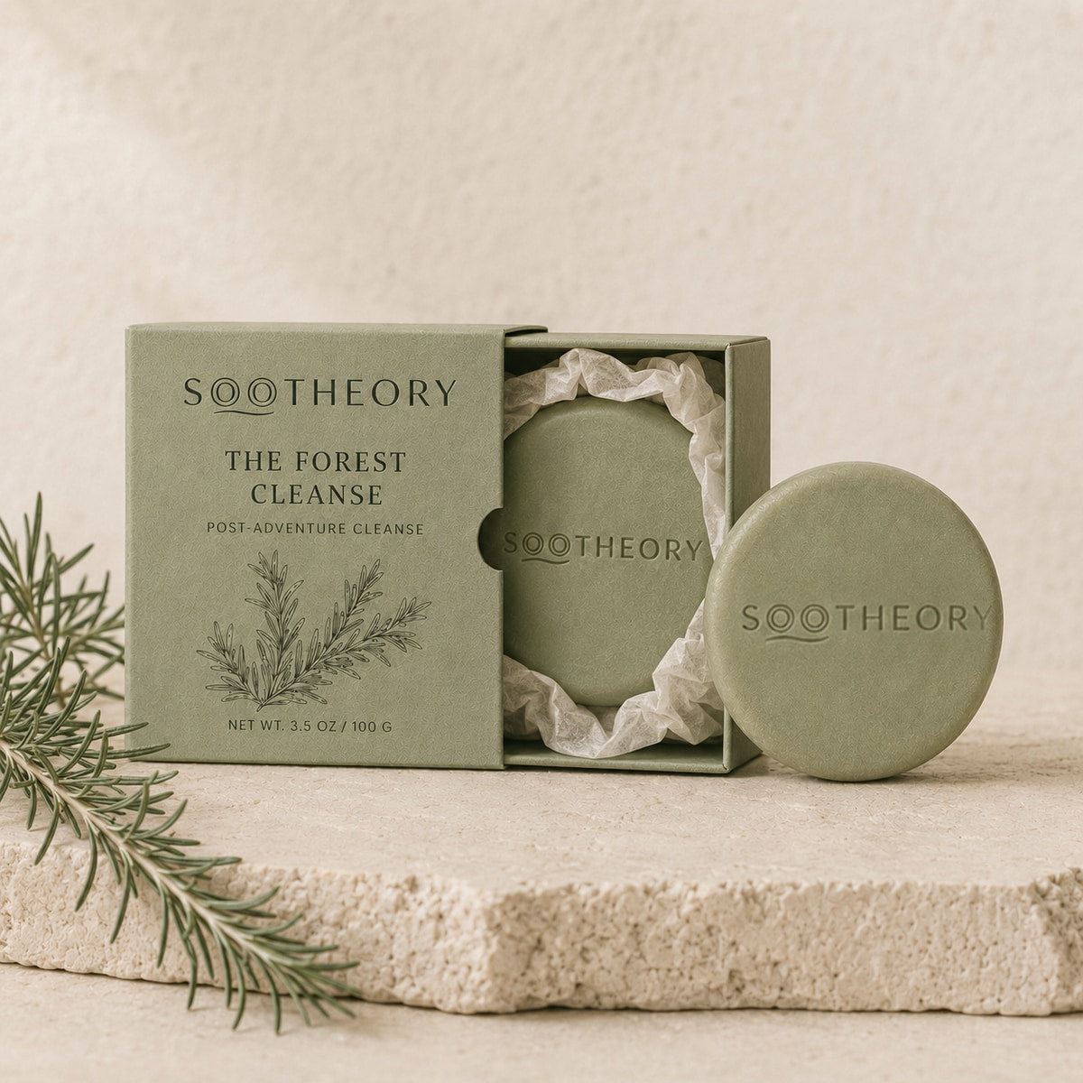The Forest Cleanse in a right-opening paper drawer box and soap wrap