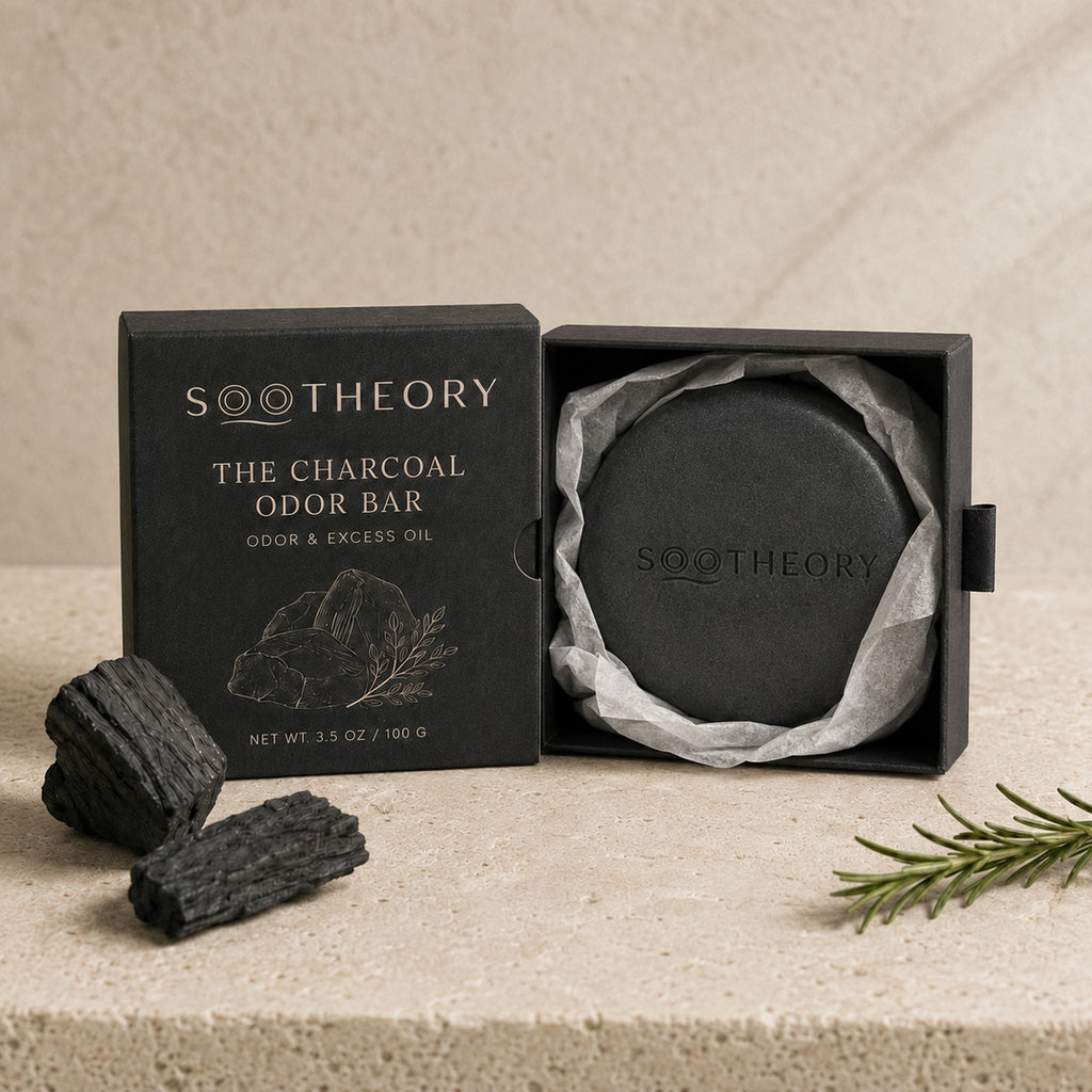The Charcoal Odor Bar in a right-opening paper drawer box and soap wrap