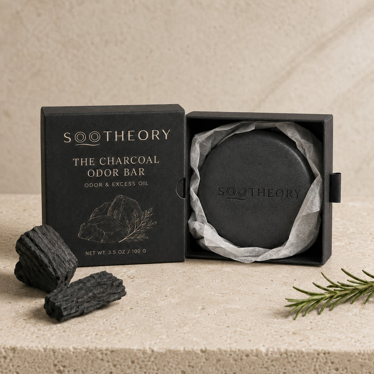 The Charcoal Odor Bar in a right-opening paper drawer box and soap wrap