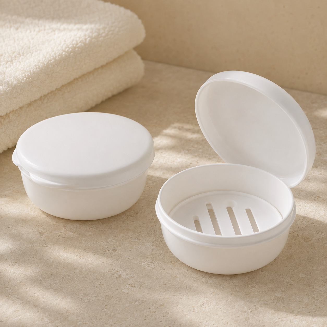 SOOTHEORY round draining shampoo bar case shown open and closed