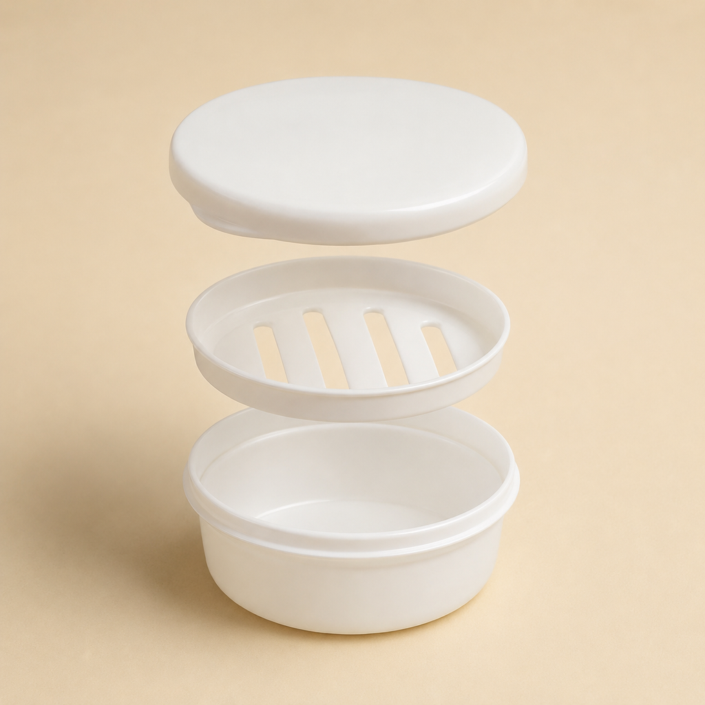 Three-part round shampoo bar case with removable drainage insert