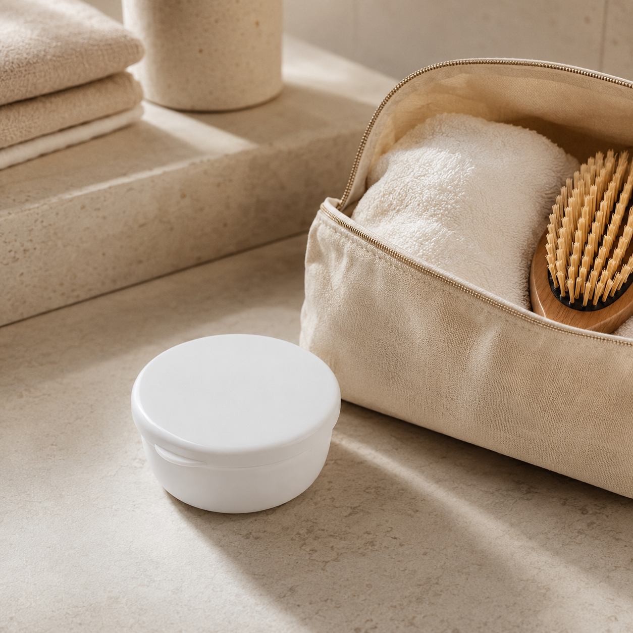 Compact SOOTHEORY shampoo bar travel case in a grooming bag