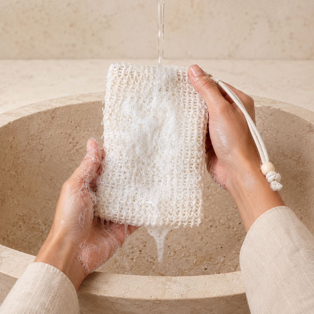 Hands holding the SOOTHEORY mesh pouch under water with rich shampoo lather