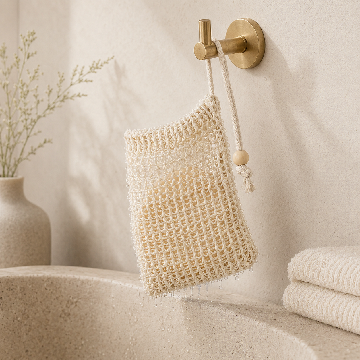 SOOTHEORY mesh pouch hanging to drain beside a stone wash basin