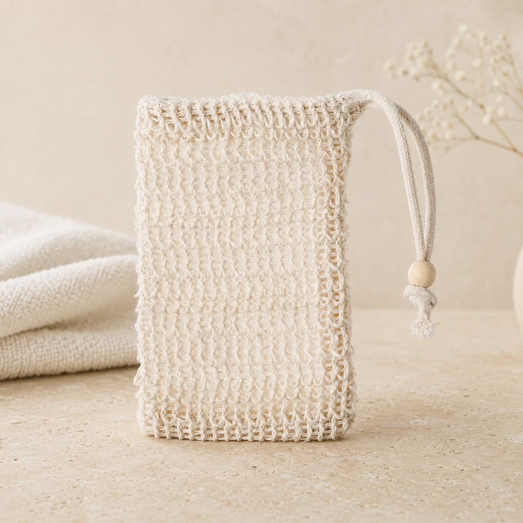 Ivory SOOTHEORY cotton-linen lathering mesh pouch with wooden bead