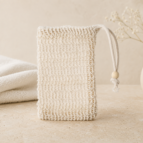 Ivory SOOTHEORY cotton-linen lathering mesh pouch with wooden bead
