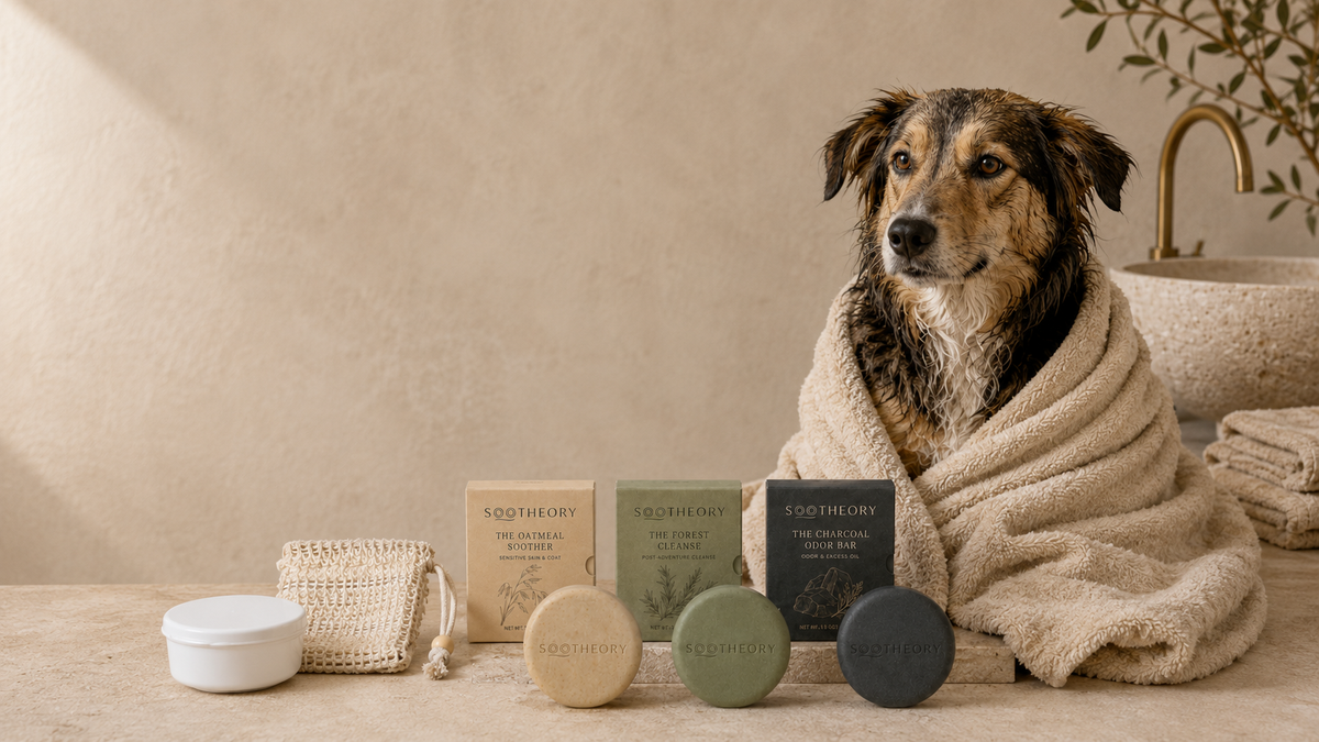 Relaxed dog wrapped in a towel beside a SOOTHEORY bath ritual